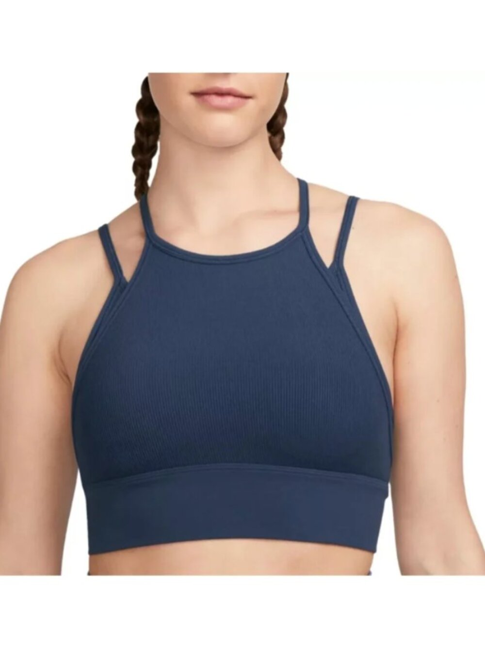 Nike Layered Long-Line Sports Bra Blue Ribbed High Neck Medium Sporty Pilates